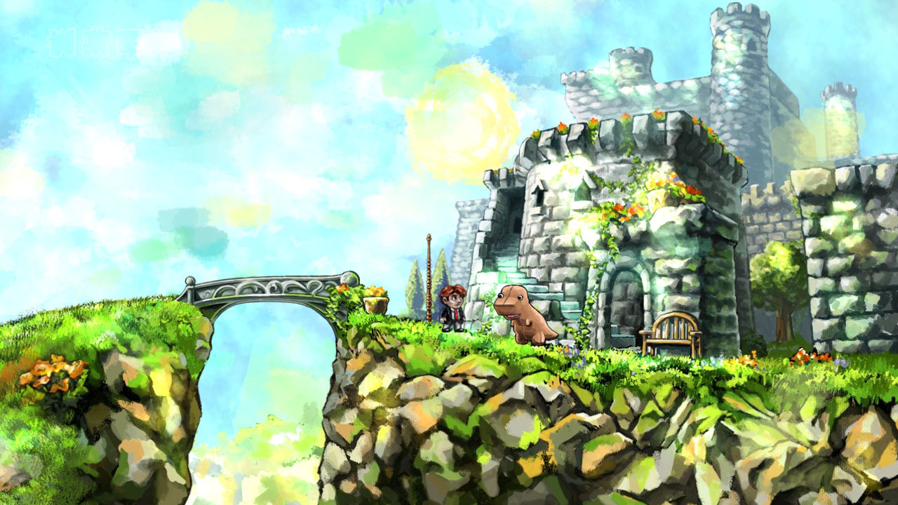 Braid screenshot featuring Tim and a dinosaur
