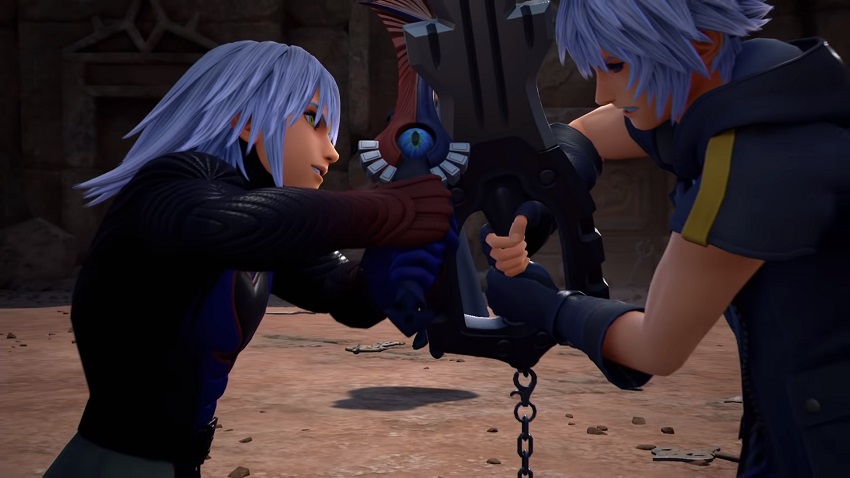 Riku fighting Riku in the Keyblade graveyard in Kingdom Hearts 3