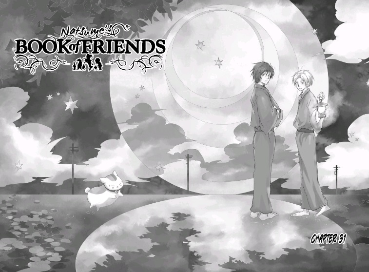 The cover art of chapter 91 in Natsume's Book of Friends, featuring Natsume, Tanuma, and Nyanko-sensei against the moon