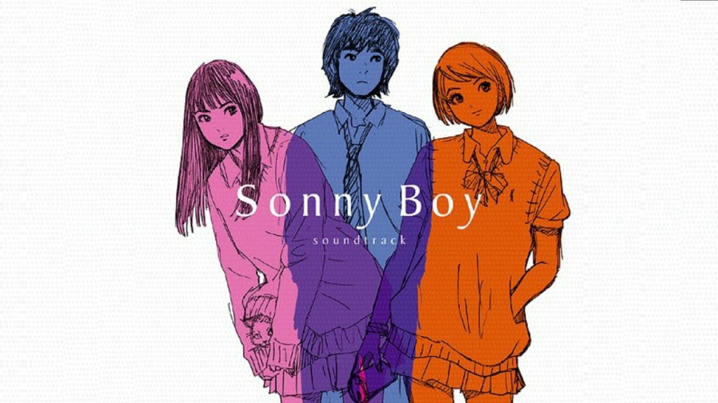 The three main characters of Sonny Boy, each in their own color, overlapping on the cover of the soundtrack