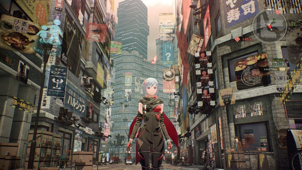 A brown, muted city with tall building, cluttered up with both physical and digital signage. The character at the forefront stands out against the background with sharper colors