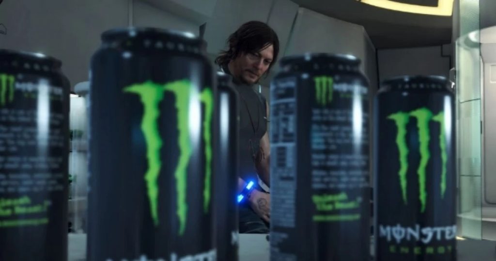 From Death Stranding: the protagonist, in his personal room, looks over at the five cans of monster energy he has on his desk