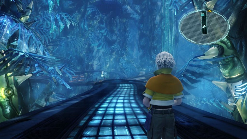 Hope, a young boy, stands in a gameplay scene, looking down a long elevated walkway in a forest