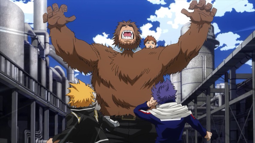 A beast man throwing his arms in the air to threaten the boys in front of him