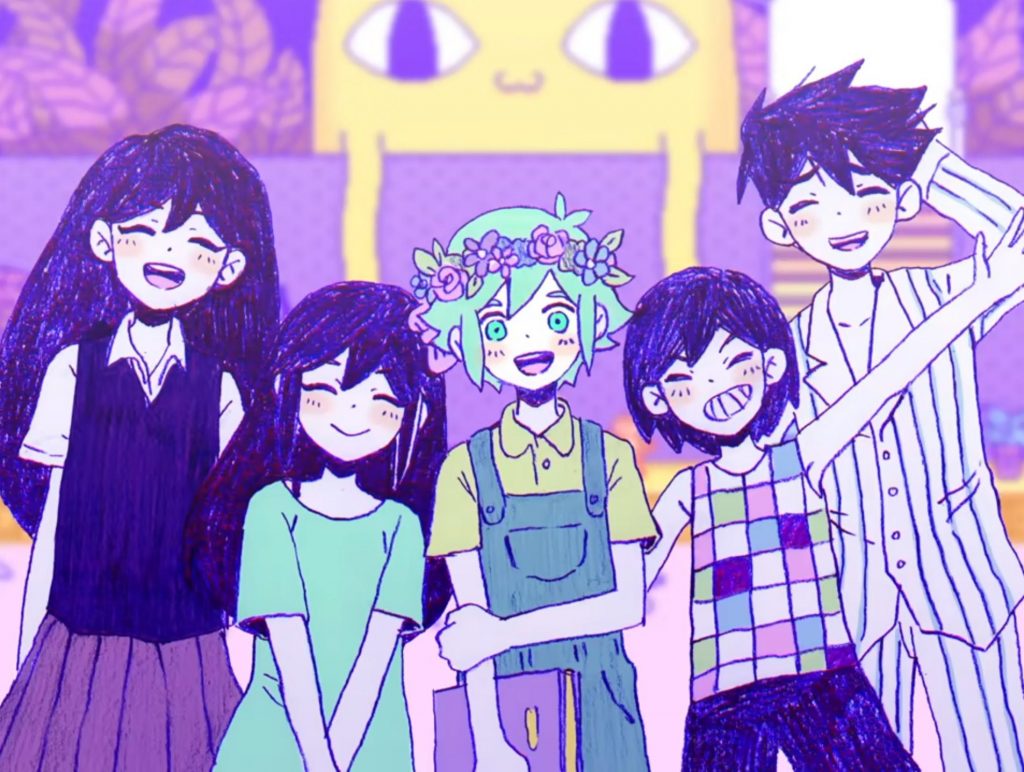 A colorful group of friends, colored in pen, smile as a group (From the game Omori)