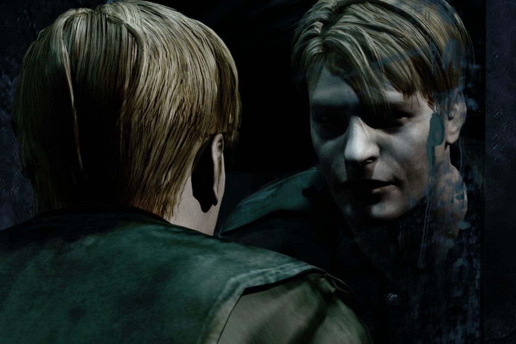 Silent Hill 2 screenshot of James staring at himself in the mirror