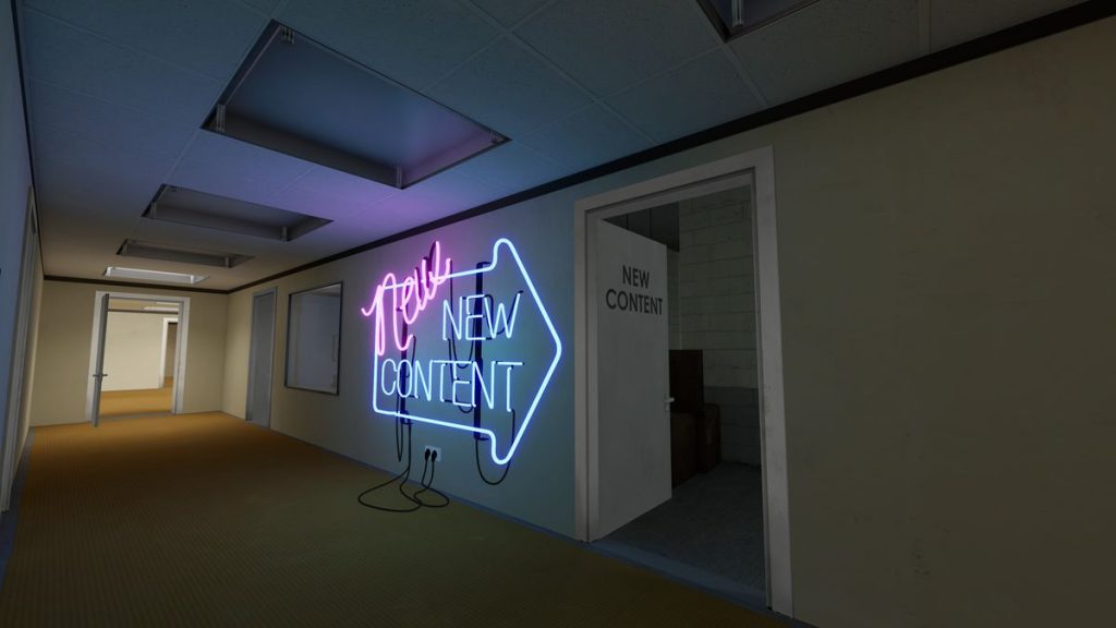 The Stanley Parable door marked with a neon sign that says "New New Content"