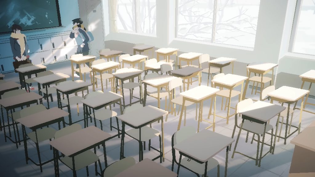 A shot from Komi Can't Communicate Season 2 ED featuring Komi and Tadano heading out together from the empty classroom