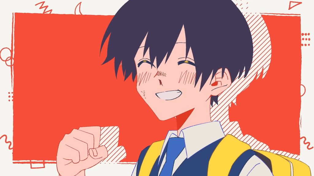 A shot from Shikimori's ED featuring a pop art-like Izumi smiling through a bloody nose