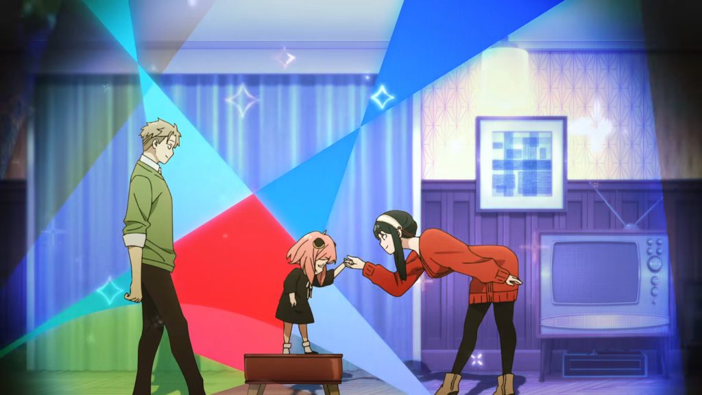 A shot from Spy x Family's first ED featuring the Forger family dancing together amid multicolor lights