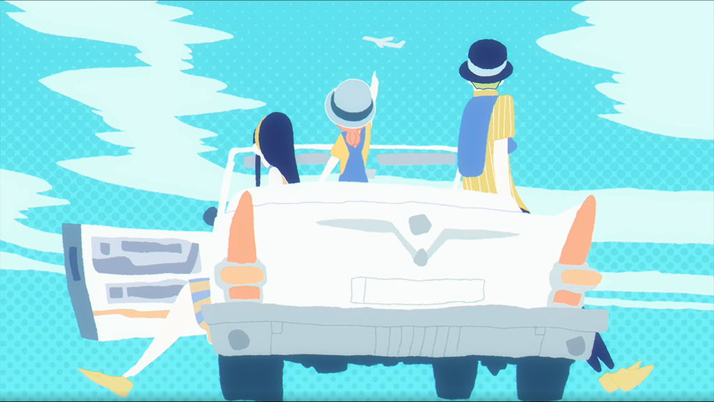 A shot of Spy x Family's first OP featuring the Forger family in a retro style, watching the sky from their car