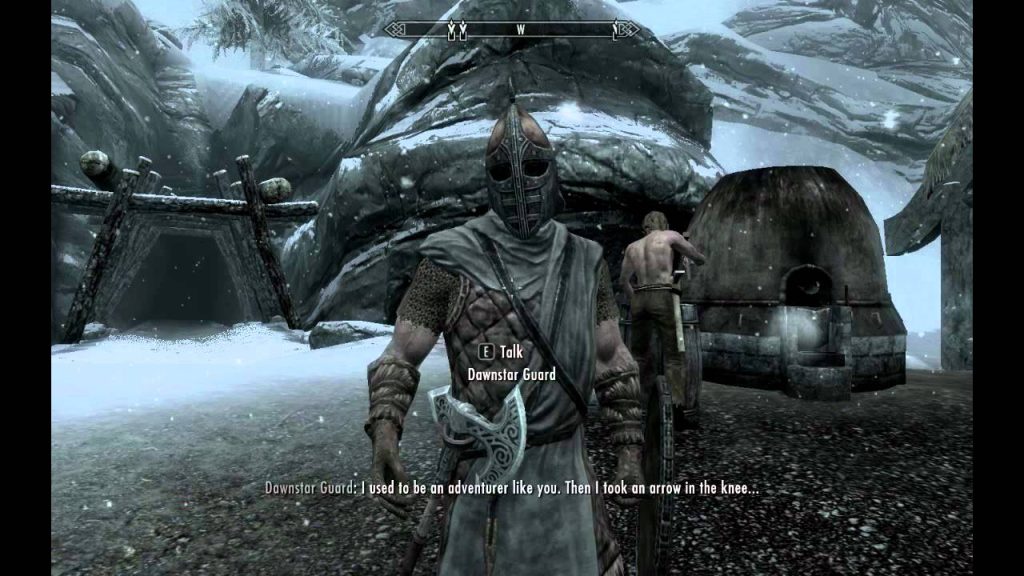 Screenshot from Skyrim featuring the line: "I used to be an adventurer like you. Then I took an arrow to the knee..."
