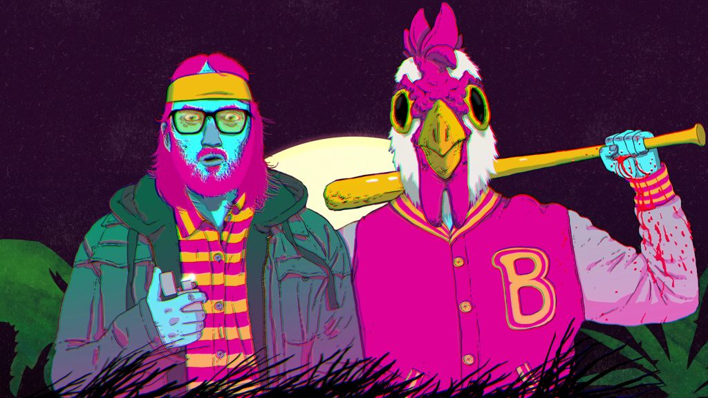 Promo art for the Hotline Miami double pack featuring neon characters