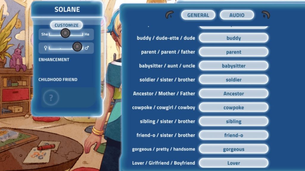 Screenshot from I Was A Teenage Exocolonist showing some of the granular pronouns options