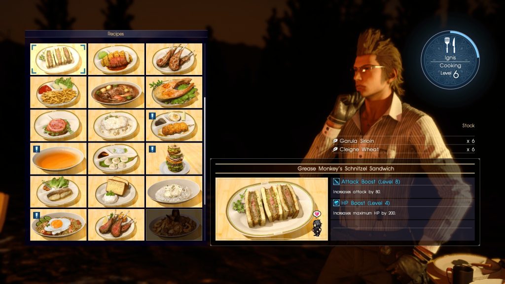 Selecting what Ignis should cook in Final Fantasy XV